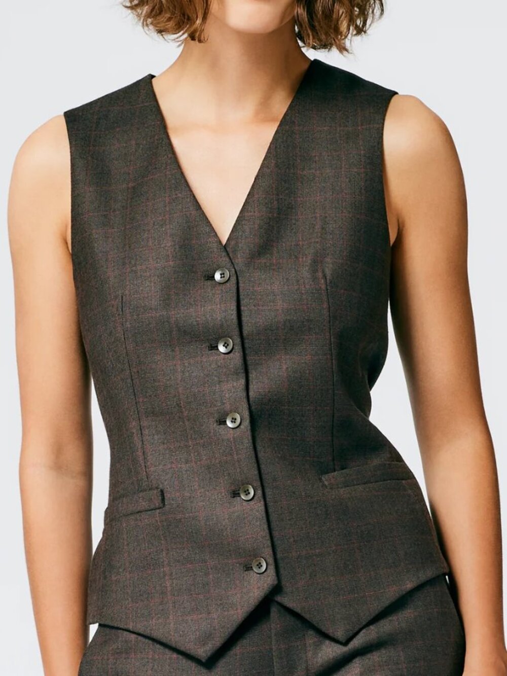 Tibi Reed Suiting Wool Vest, brown multi, size 2
